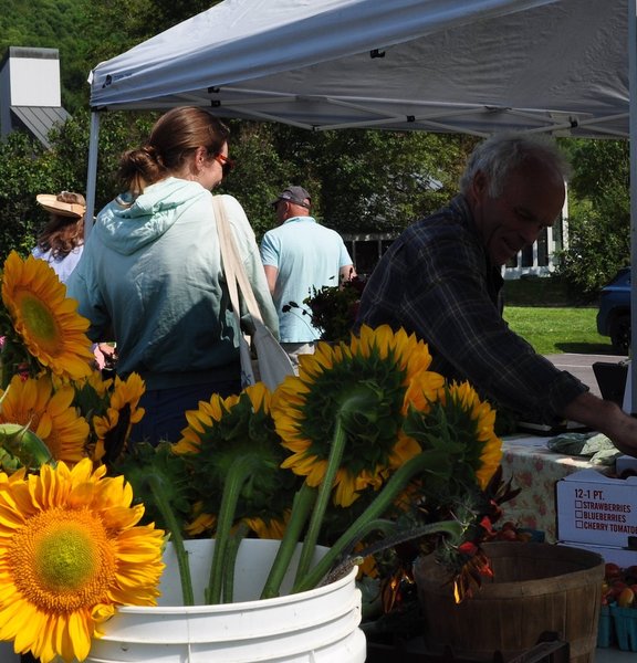 Market stand with produce and flowers